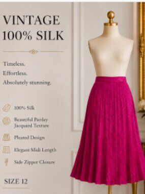 Vintage 100% Silk Fuchsia Pleated Midi Skirt Size 12